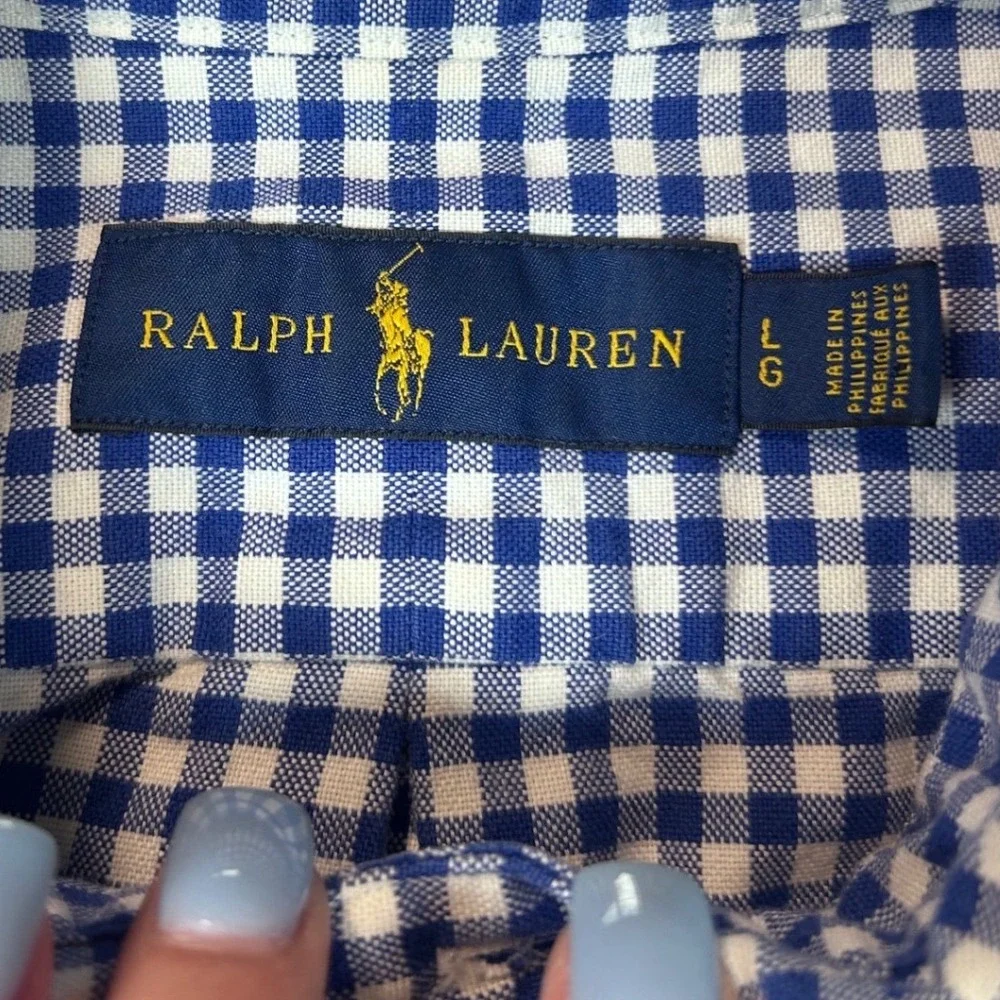 Ralph Lauren Mens Blue White Gingham Button Down Shirt Large Long Sleeve Cotton
